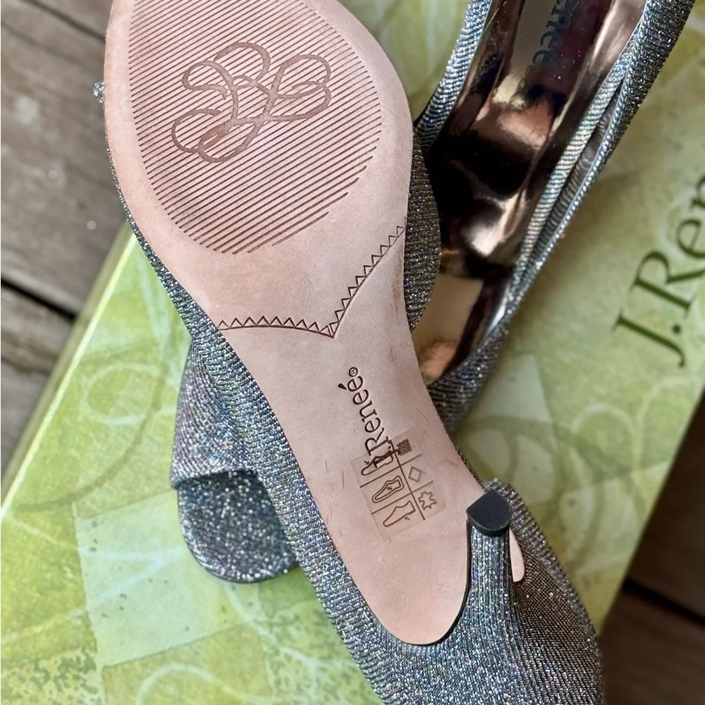 J RENEE Skylar Sparkle Shimmer Pewter Silver Heels Open Toe Pumps Sz 10M NEW - Picture 7 of 8